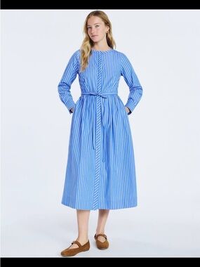 Blue Striped Long-Sleeve Midi Dress with Self-Tie Waist